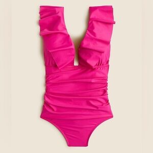 NWT J. Crew Flamingo Pink Ruffle Plunge Lined Ruched Side Padded Cup Swimsuit